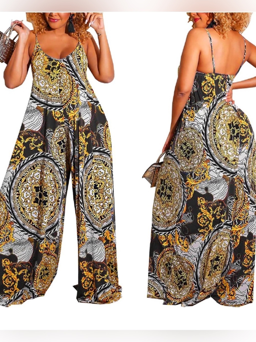 Elegant Wide-Leg Printed Jumpsuit in Black & Gold size S ,M,L,XXL - Picture 2 of 3